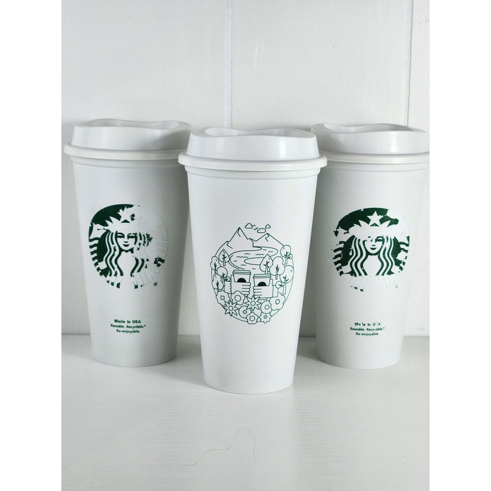 Starbucks 2014 Reusable Coffee Cups 16oz Set of 3 White Plastic Tumblers Lids